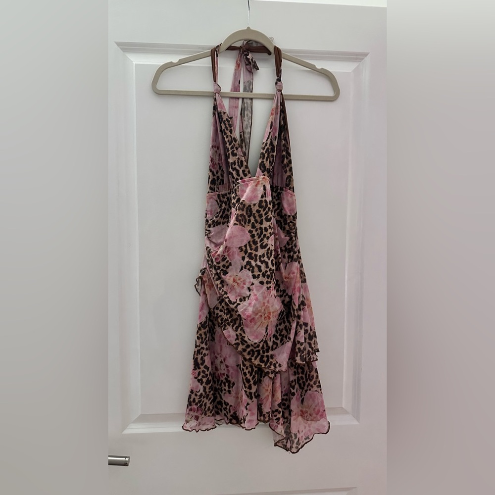 Peppermayo Floral Cheetah Print Halter Neck Open Back Ruffle Mini Dress